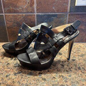 Marc Fisher Stanley Black Leather Platform Heels 6.5 Adjustable Slingback Strap